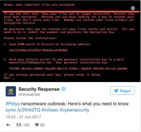 L’Italia è stato il secondo paese più danneggiato dal virus “Petya” diffuso nei giorni scorsi durante un nuovo cyber-attacco