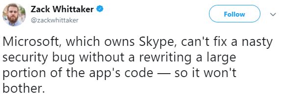 Tweet di Whittaker sul bug di Skype