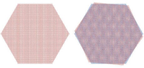 Se a un foglio di grafene se ne sovrappone un altro sfasato per un leggera rotazione (a destra) si possono creare le condizioni per rendere la struttura isolante o superconduttrice. (Cortesia Yuan Cao et al.)