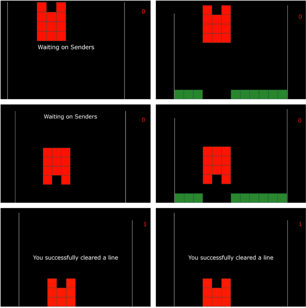 Lo schermo del Tetris visto dal Receiver (a sinistra) e dai Sender (a destra). Il Receiver non è in grado di vedere il fondo dello schermo, e deve fidarsi dei Sender. Credits: BrainNet