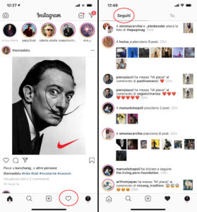 Sezione dei seguiti all'interno dell'app di Instagram