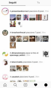 Sezione dei seguiti all'interno dell'app di Instagram