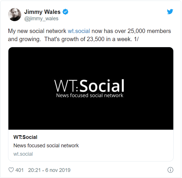 Uno dei tweet di Wales su Wt:social