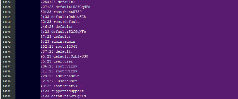 Lista di password, ip e nomi utenti su telnet dei servizi hackerati. credits: ZDnet