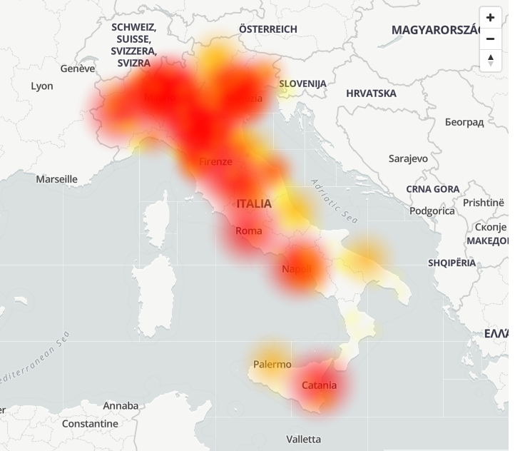 Mappa delle segnalazioni dei disservizi TIM alle ore 14:30