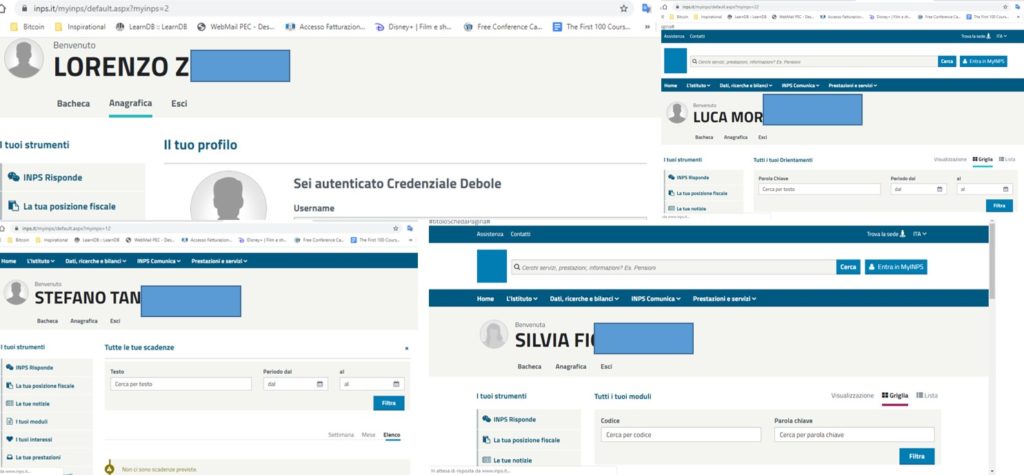 Alcuni profili ai quali si accedeva autenticandosi con i propri dati sul sito dell'INPS