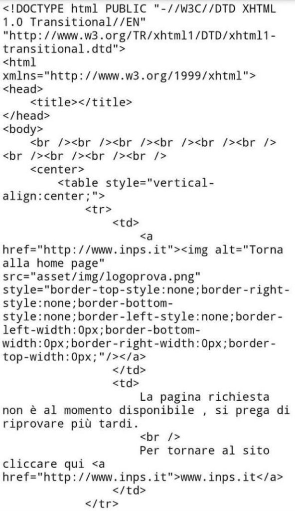 Come veniva visualizzata la home page dell'INPS questa mattina, dopo il crash del sito