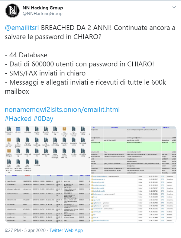 Il tweet di NN Hacking Group riguardo l'hack contro Email.it