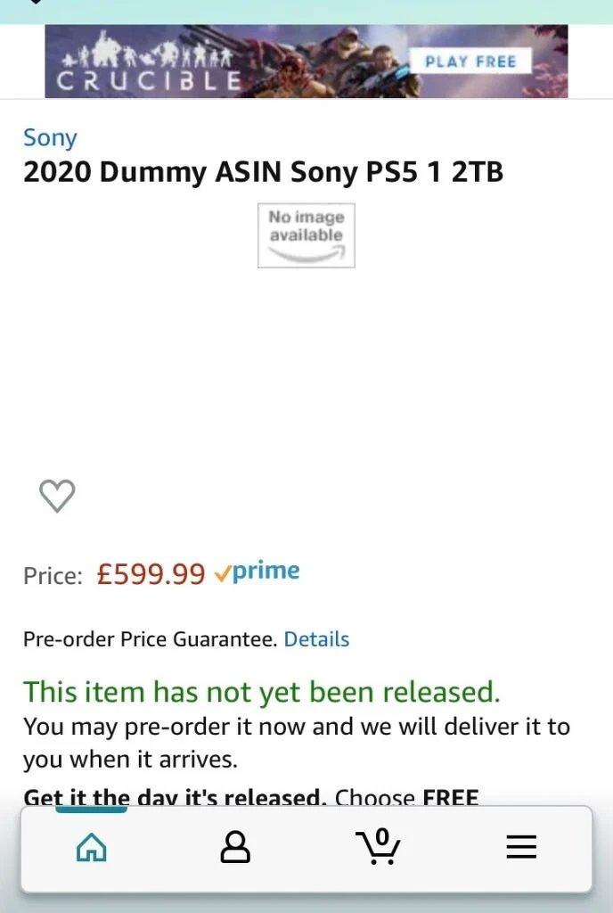 La potenziale scheda prodotto della PS5 trovaata su Amazon UK. Credits: eurogamer.it