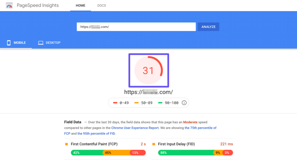 Un esempio del rating calcolato da PageSpeed Insights. Credits: Kinsta