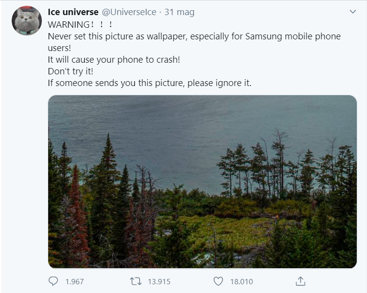 Il tweet di IceUniverse riguardo l'immagine che fa crashare Android.