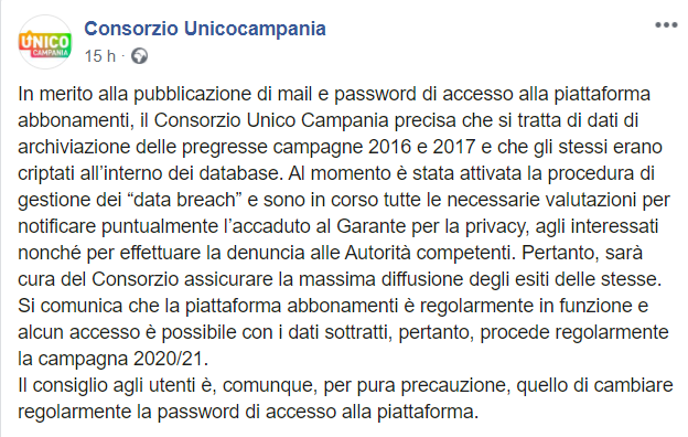 Il post su Facebook di Unico Campania col quale il consorzio avvisa gli utenti dell'attacco. 