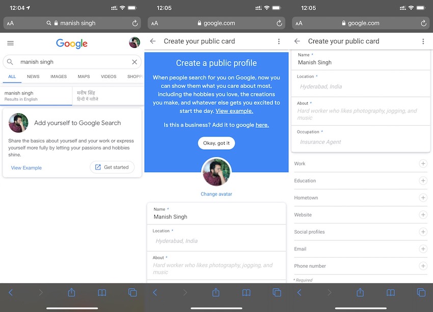 Il form usato per creare le Google People Card. Credits: TechCrunch