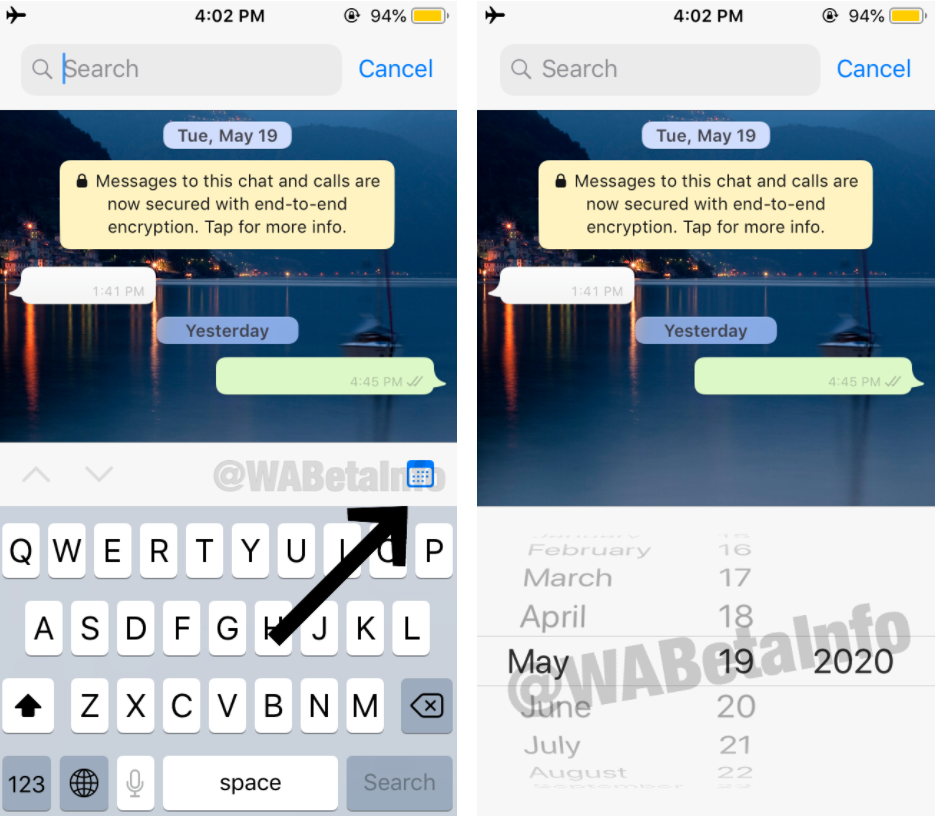 A atualização do WhatsApp que permitirá que você procure mensagens especificando uma data. Créditos: WABetaInfo