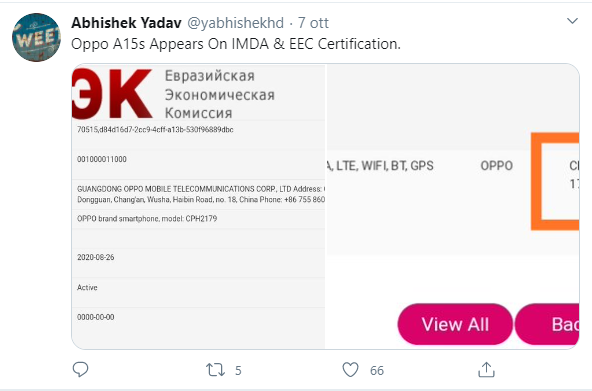 L'OPPO A15 nelle certificazione IMDA e EEC, con alcune specifiche tecniche.