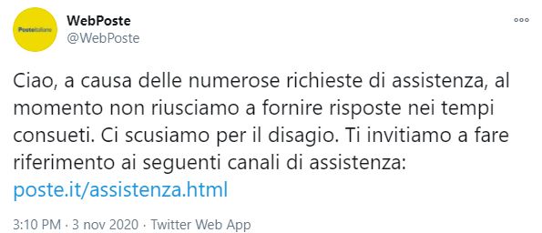 Il post Twitter pubblicato da Poste Italiane per scusarsi con i propri utenti per il mancato accesso alla propria identità digitale mediante SPID, nonostante il proprio protocollo