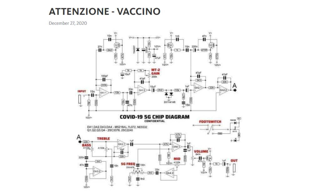 Il circuito del microchip 5G trovato nel vaccino di Pfizer. Credits: telegra.ph