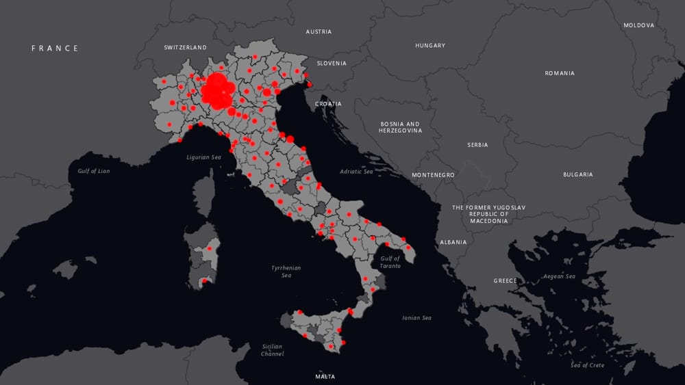 Innovazione di informatica e tecnologia in Italia: la mappa interattiva del coronavirus nel 2020. Credits: Brescia Today