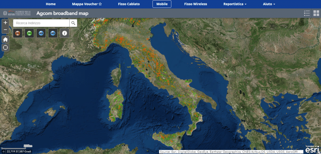 Mappa della copertura 4G sul territorio nazionale