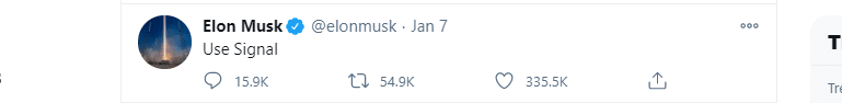 Il tweet di Elon Musk in favore del download di Signal al posto di WhatsApp.  