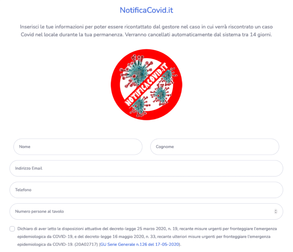 Il form di registrazione di NotificaCovid per i clienti delle attività. Fonte: NotificaCovid - Andrea Ghezzi