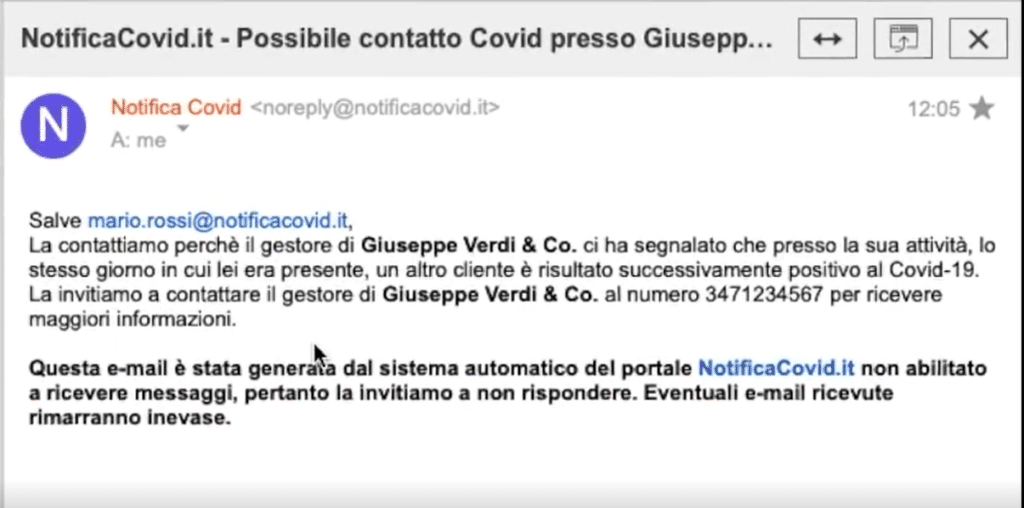 Un esempio di mail-notifica ricevuta dai clienti potenzialmente in pericolo. Fonte: Andrea Ghezzi - NotificaCovid