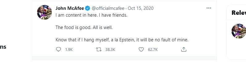 Il tweet di John McAfee dell'ottobre scorso.