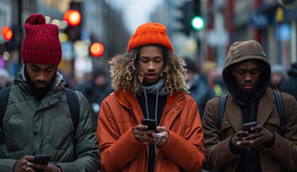 Ragazzi al cellulare in strada